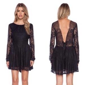 For Love And Lemons Black Lace Lolo Mini Open Back Fit and Flare Dress